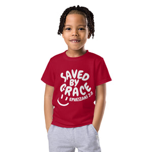 "Saved By Grace" Kids Unisex "Apple Red" Comfort T-Shirt