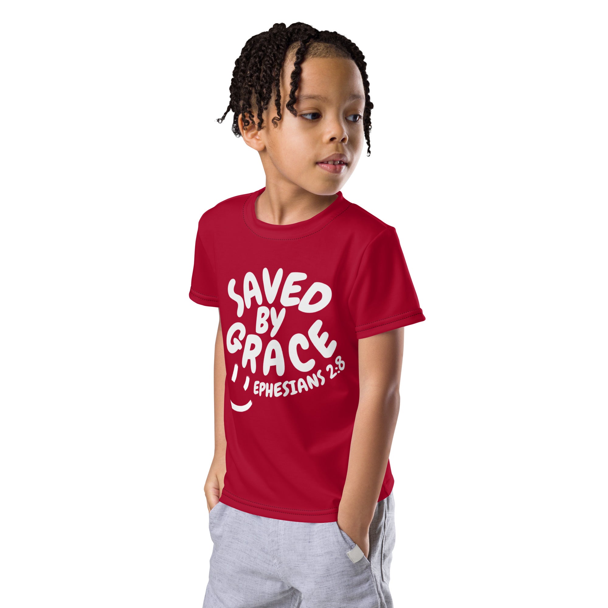 "Saved By Grace" Kids Unisex "Apple Red" Comfort T-Shirt