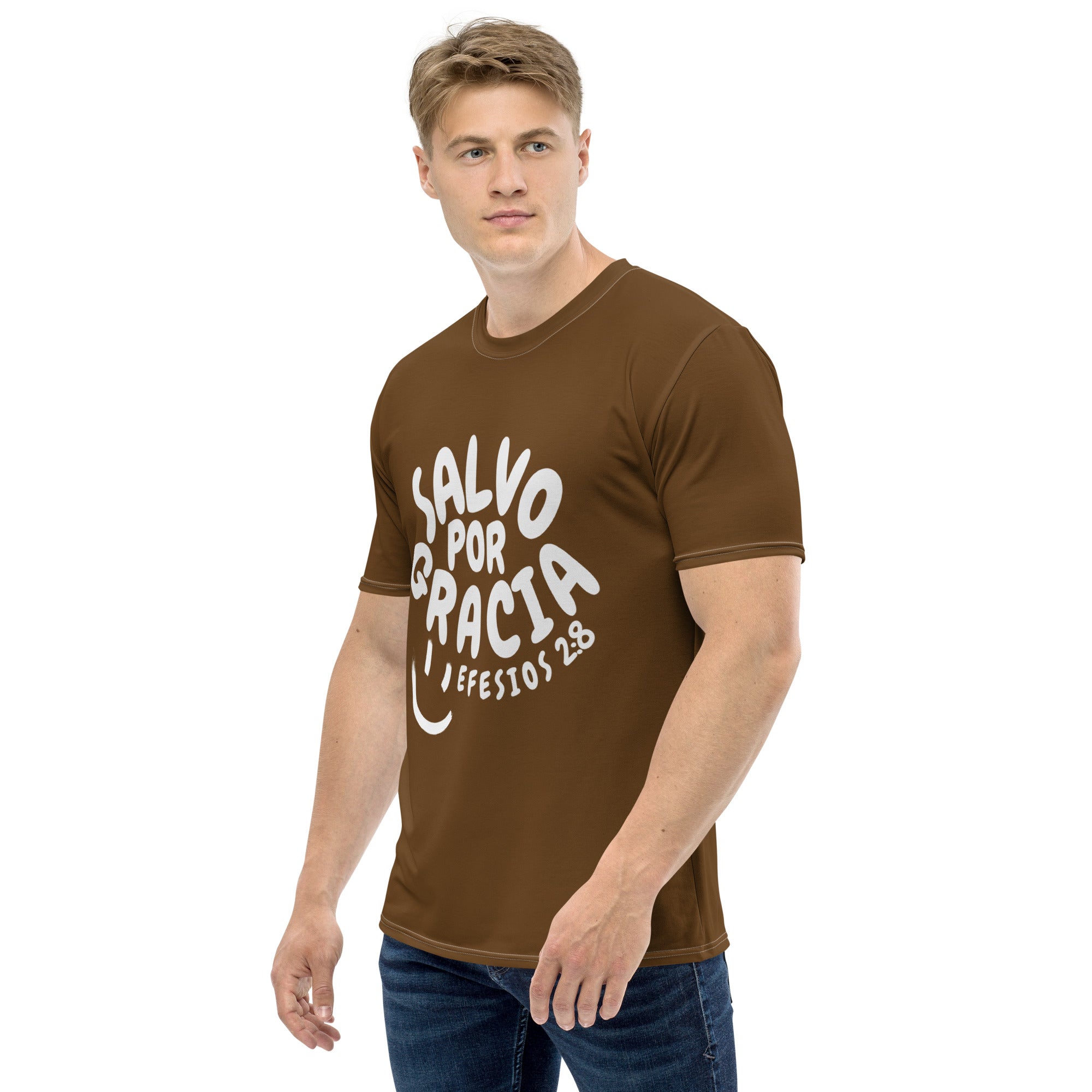 "Salvo Por Su Gracia" Efs 2:8 Camiseta Comoda Unisex Color "Chocolate"